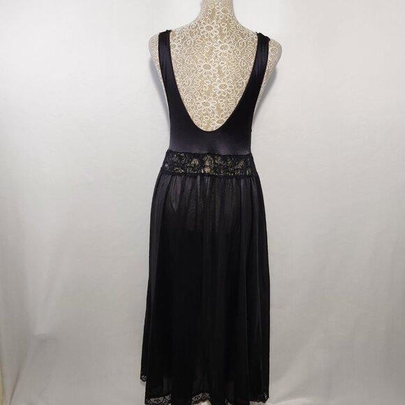 VTG Shadow Line Large Black Satin Nylon Lace Trim Slip Dress Nightwear Gothic - Picture 9 of 13